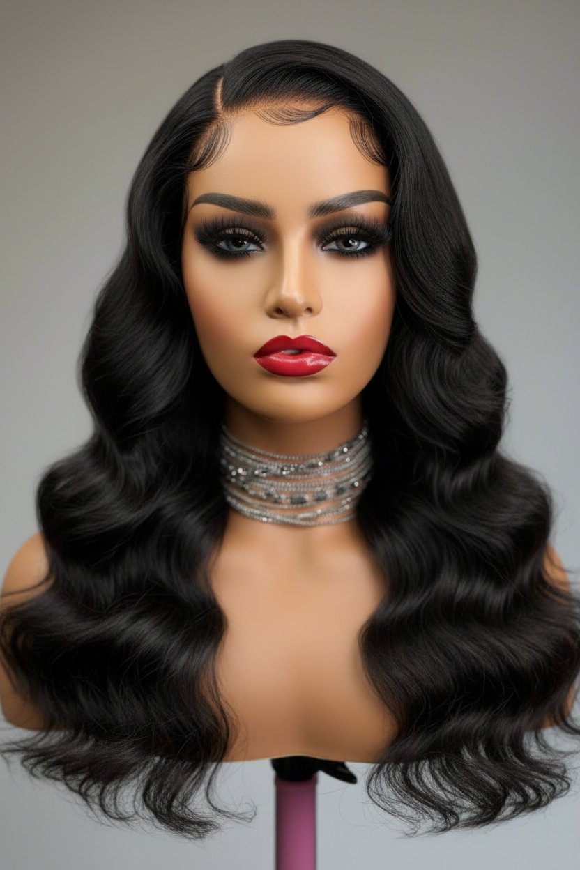 Mannequin head with a black wig on a gray background